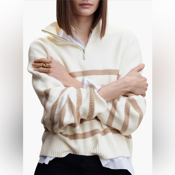 Mango Striped Cropped Chunky Knit Roll Neck 1/4 Zip Cream Camel Plus 2X EUC - Picture 2 of 13